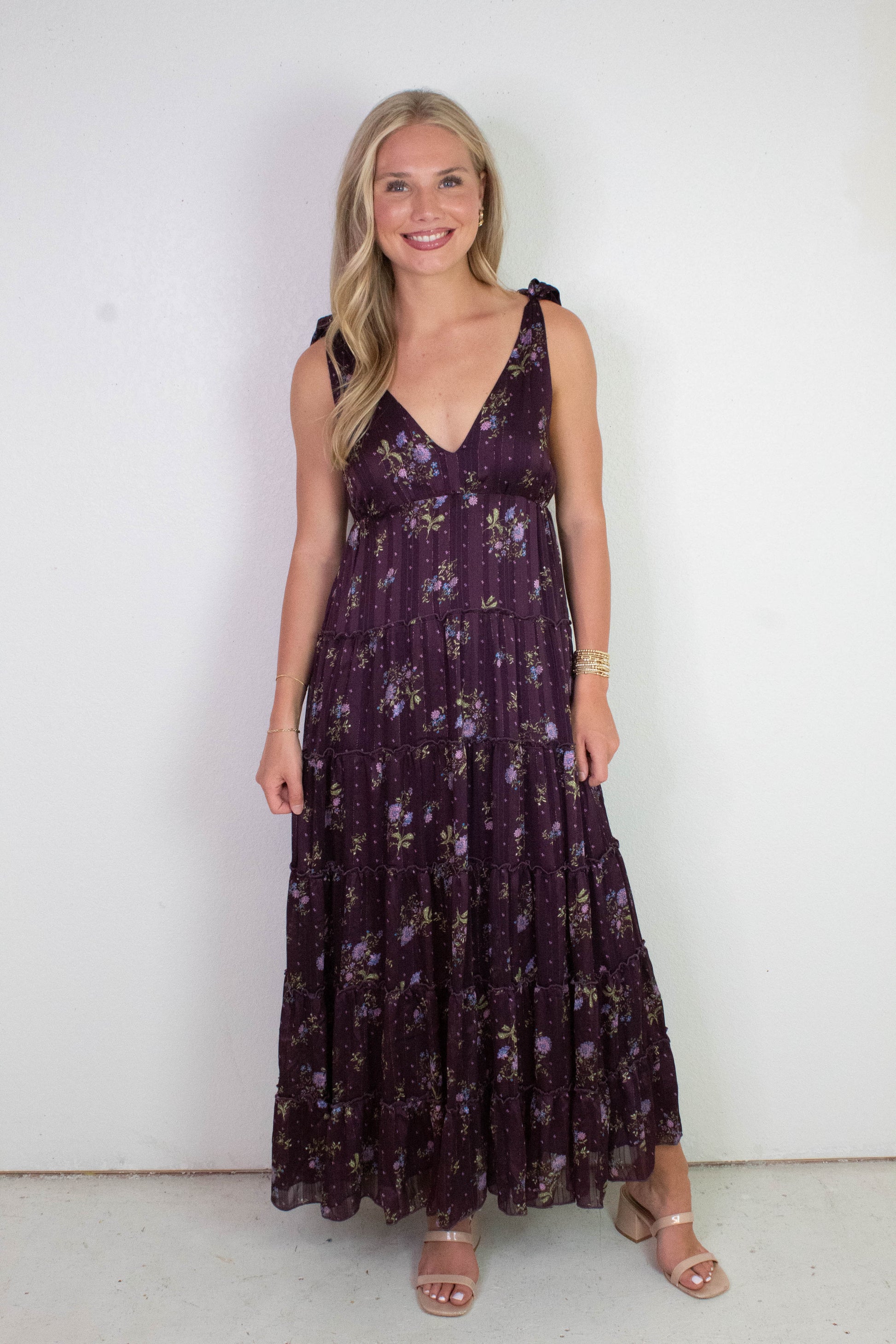  Gigi Tie Strap Printed Maxi Dress, Plum Multi Floral