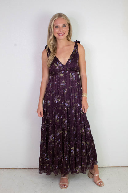  Gigi Tie Strap Printed Maxi Dress, Plum Multi Floral