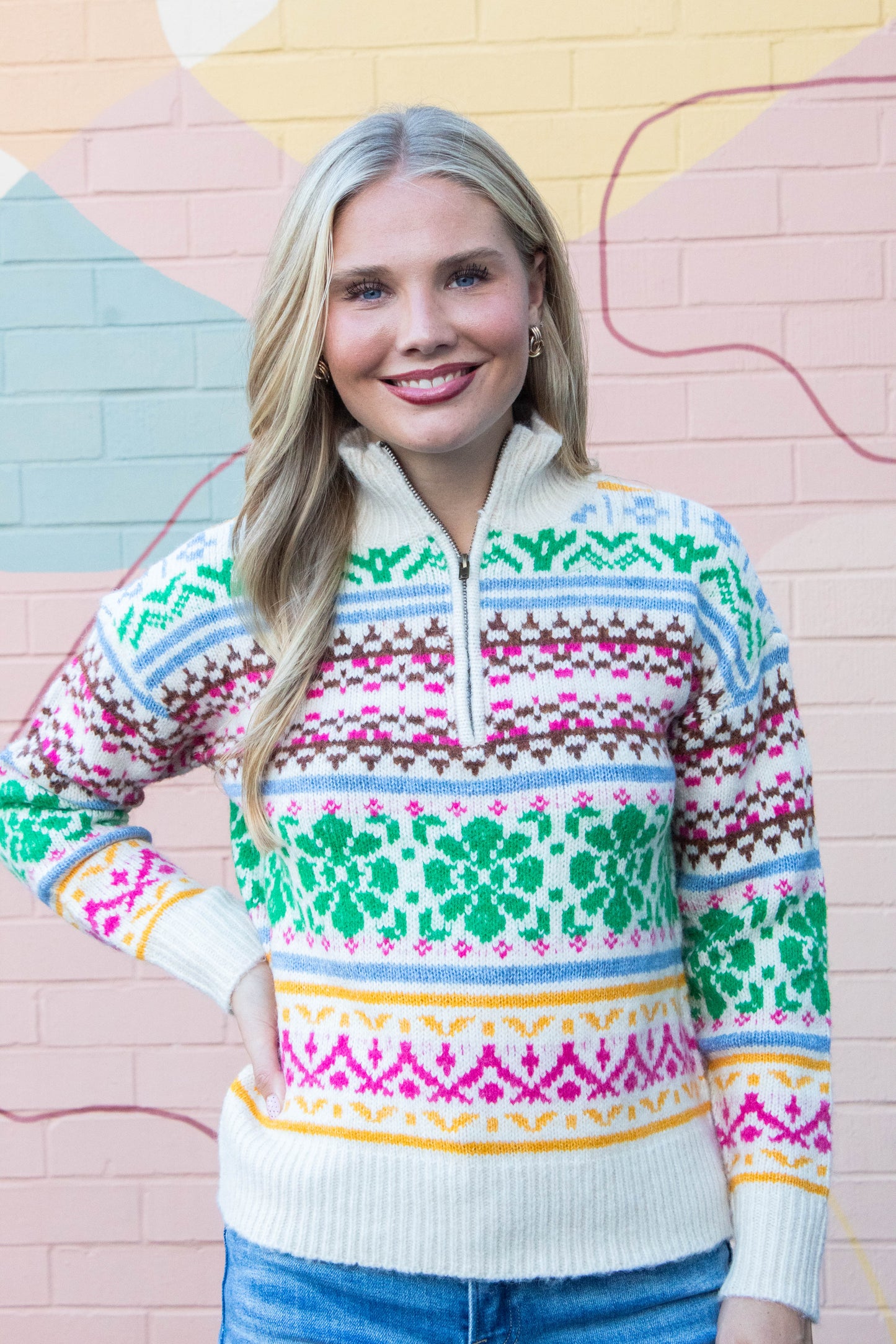  Urania Multi Colored Pullover Sweater, Cream | RD Style