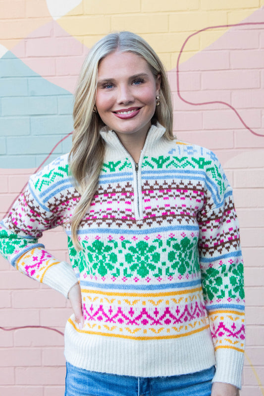  Urania Multi Colored Pullover Sweater, Cream | RD Style