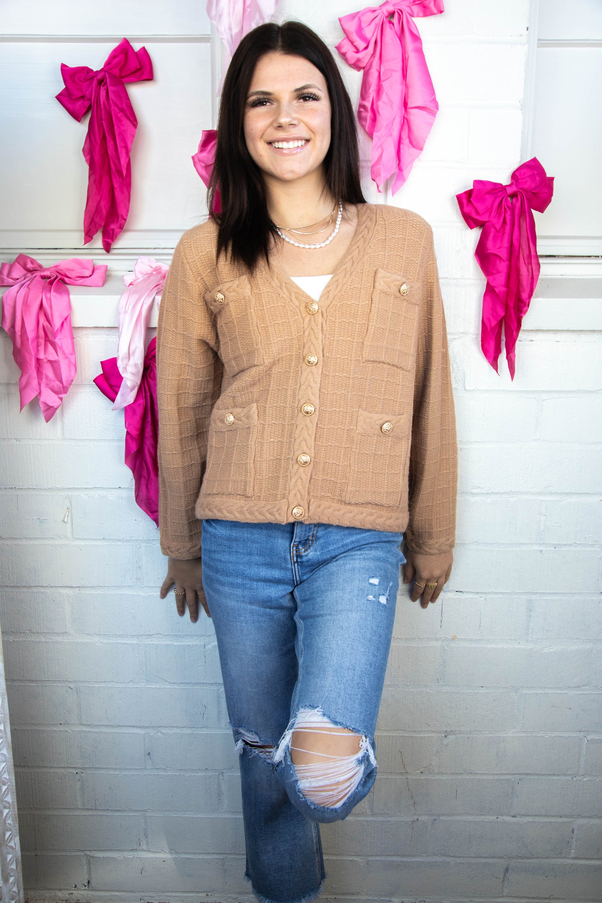  Liz Textured Button Up Cardigan, Camel