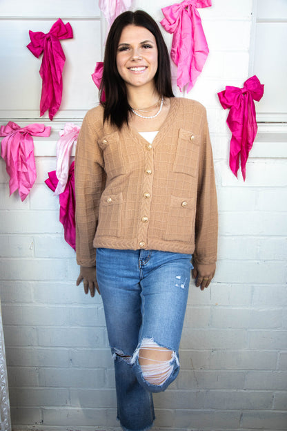 Liz Textured Button Up Cardigan, Camel