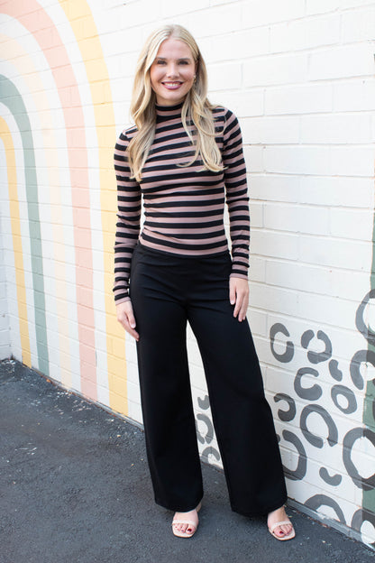  Mock Neck Essential Top, Mocha/Black Stripe | Sanctuary