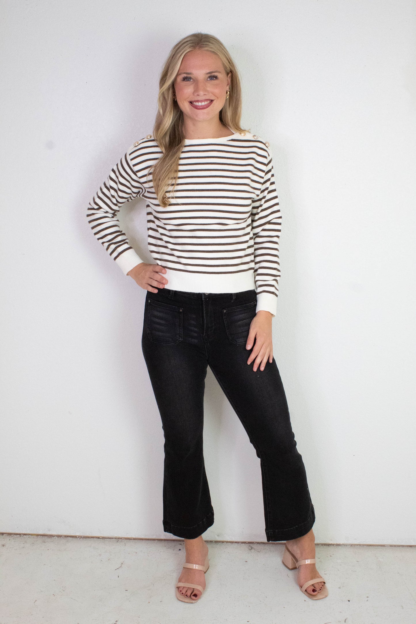  Eloise Buttoned Shoulder Sweater, Cream/Brown