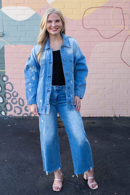  Ashley Embroidered Denim Jacket, Medium Wash