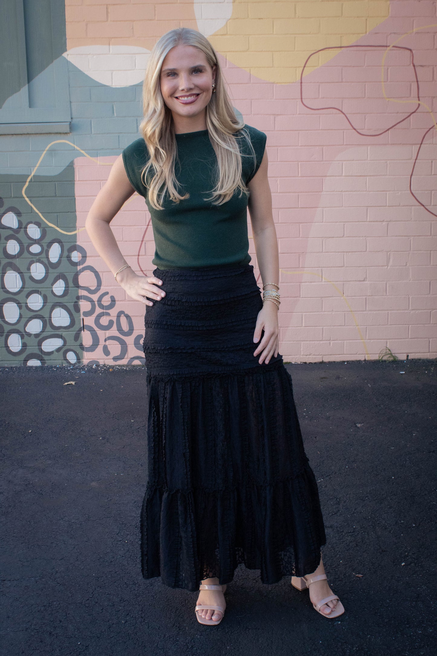  Olivia Lace Ruffle Detailed Maxi Skirt, Black