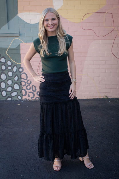  Olivia Lace Ruffle Detailed Maxi Skirt, Black