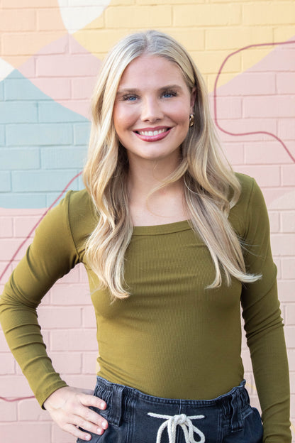  Lilah Slim Fit Ribbed Top, Camo Green