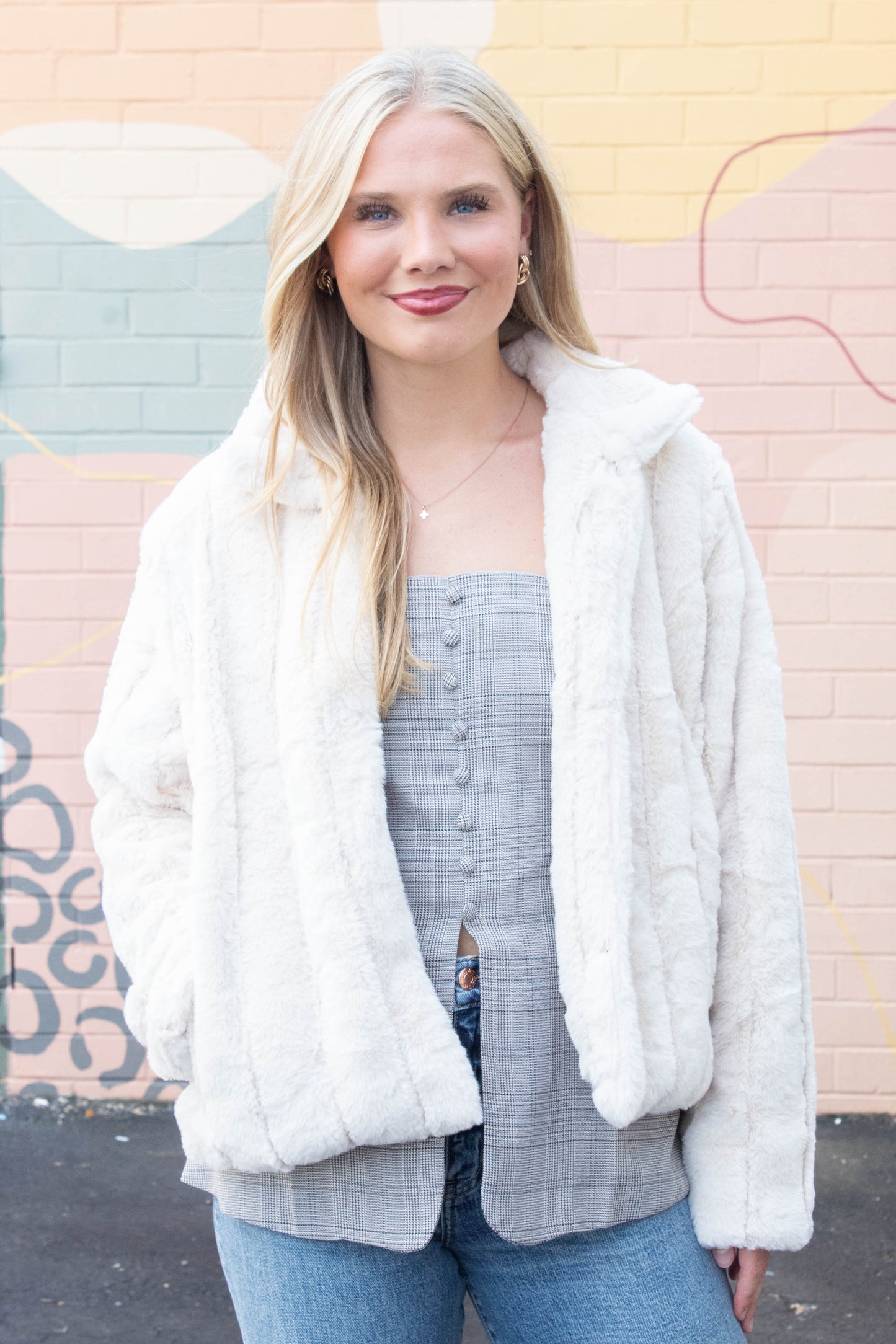  Juniper Plaid Strapless Button Detail Top, Light Taupe Multi