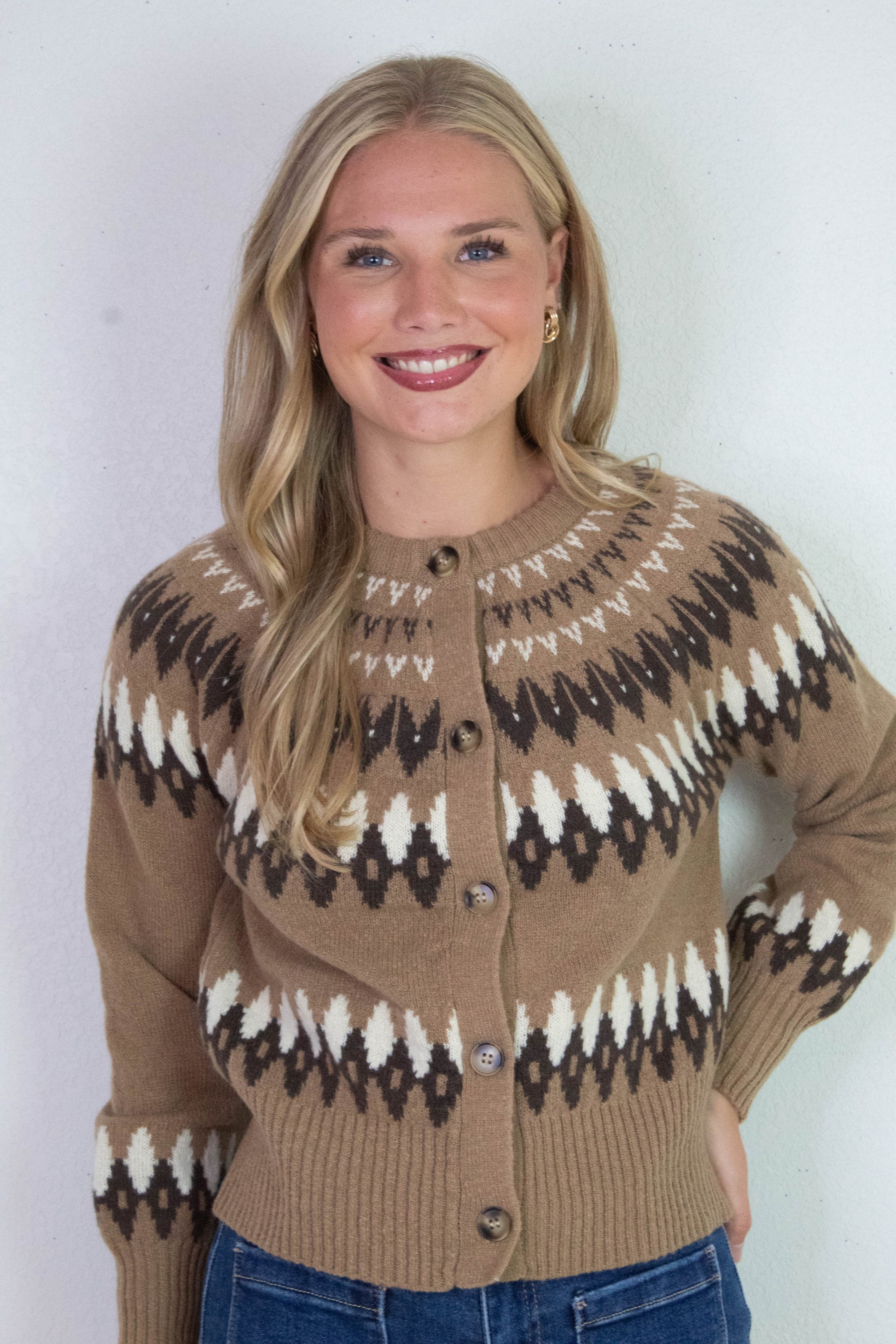  Luna Multicolor Fair Isle Cardigan, Khaki Multi