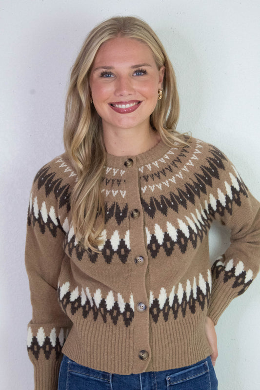  Luna Multicolor Fair Isle Cardigan, Khaki Multi