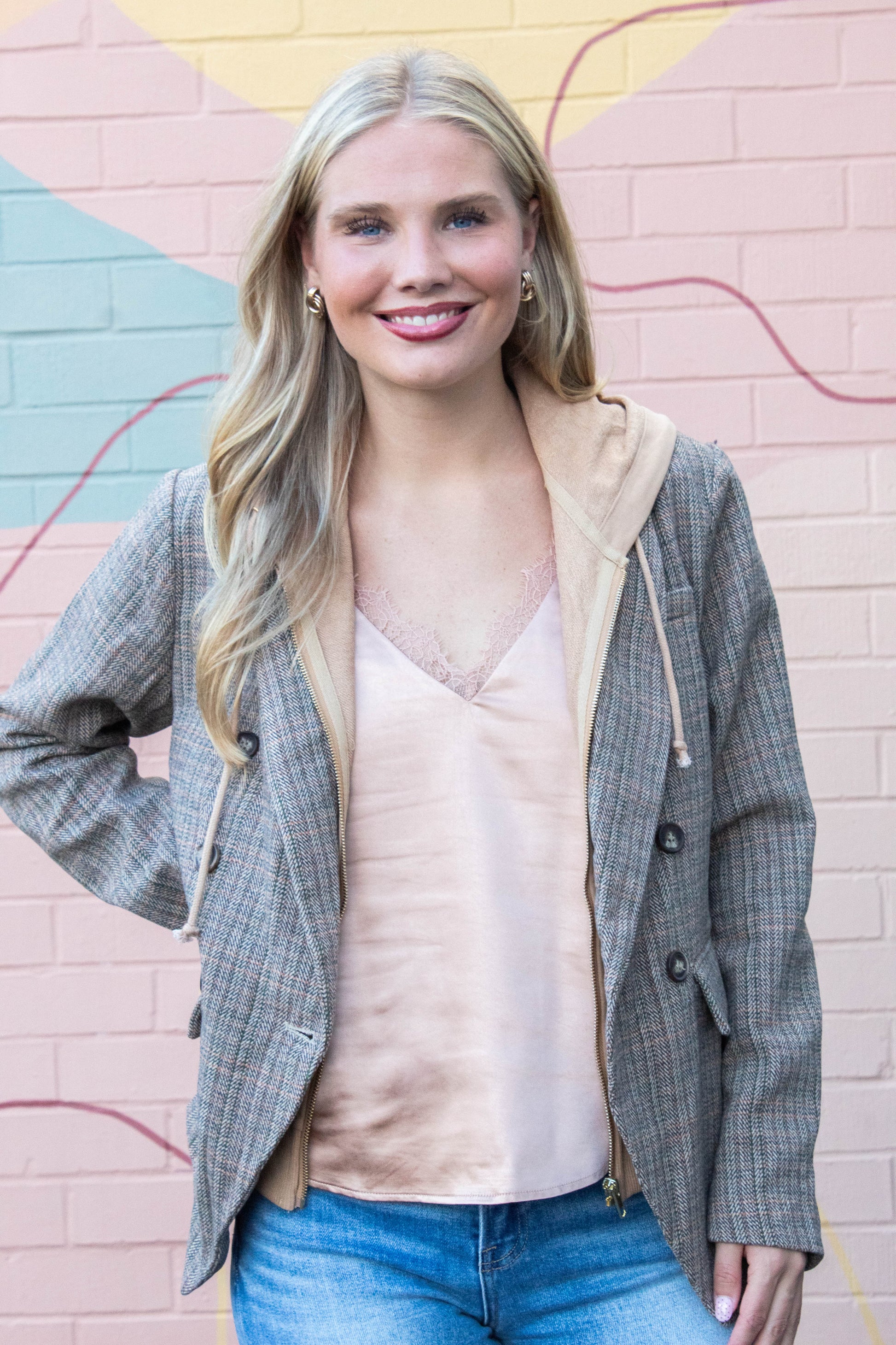  Jovie Herringbone Pattern Hooded Blazer, Tan Combo