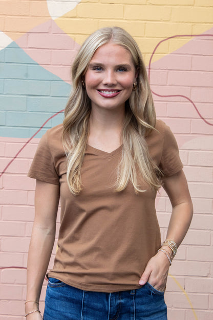Be Cool Tatum Cotton Jersey V-Neck Tee, Bronze Brown