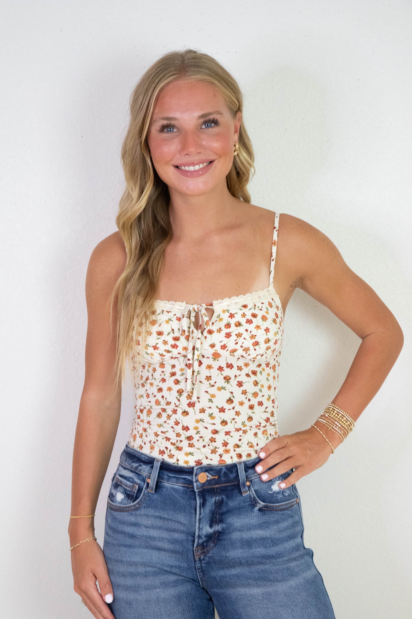  Emily Floral Front Tie Cutout Cami, Cream Multi