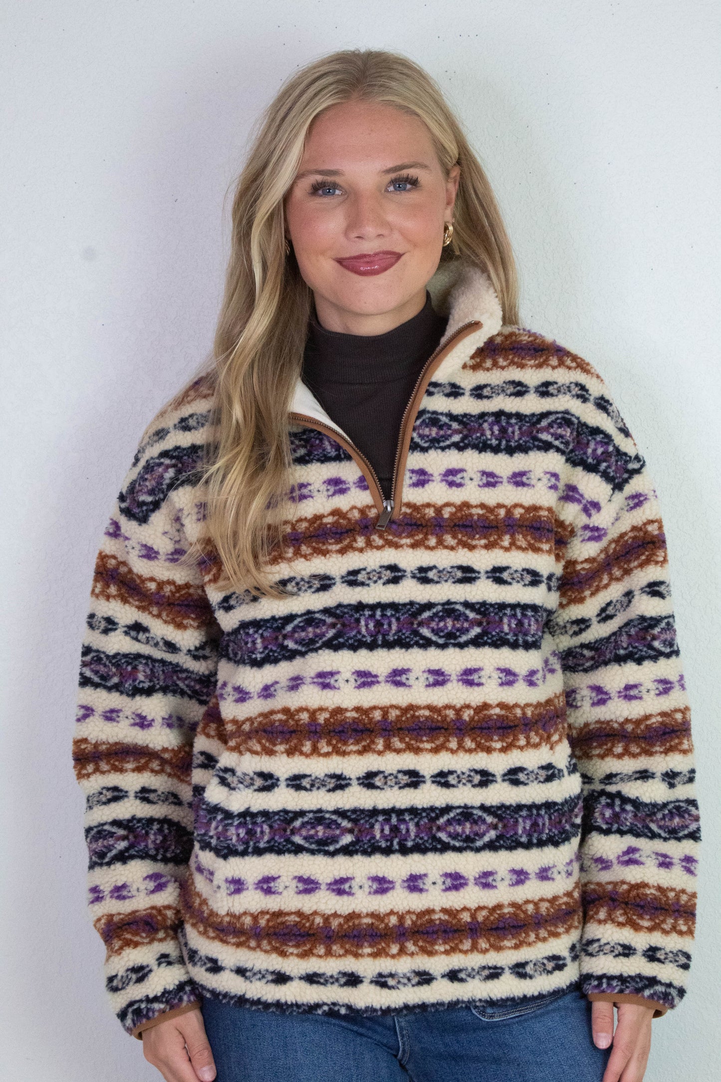  Alpine Sherpa Half Zip Striped Jacket, Tobacco | RD Style