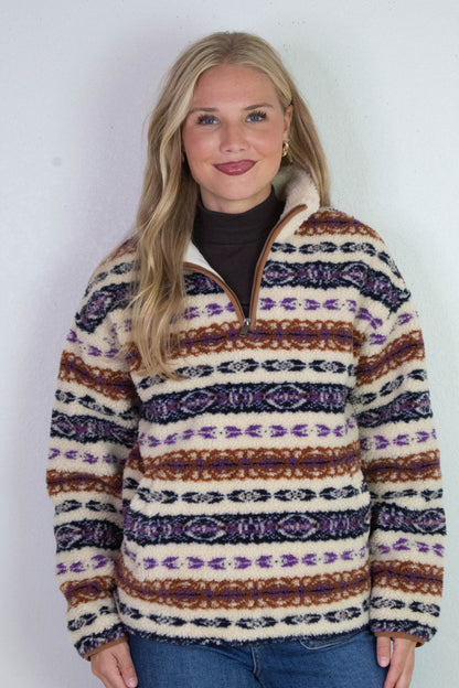  Alpine Sherpa Half Zip Striped Jacket, Tobacco | RD Style
