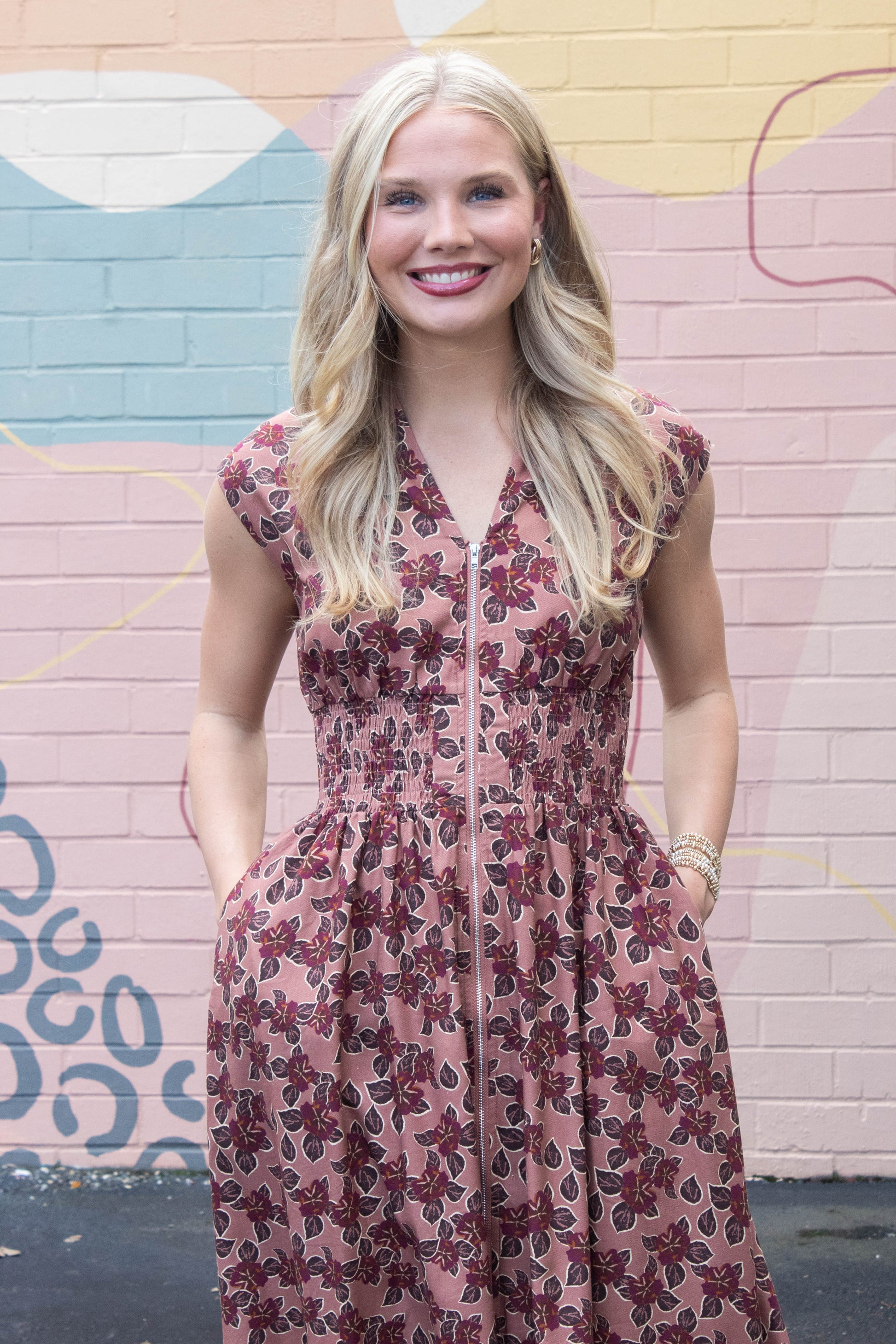  Molly Printed Front Zip Dress, Dusty Rose/Wine