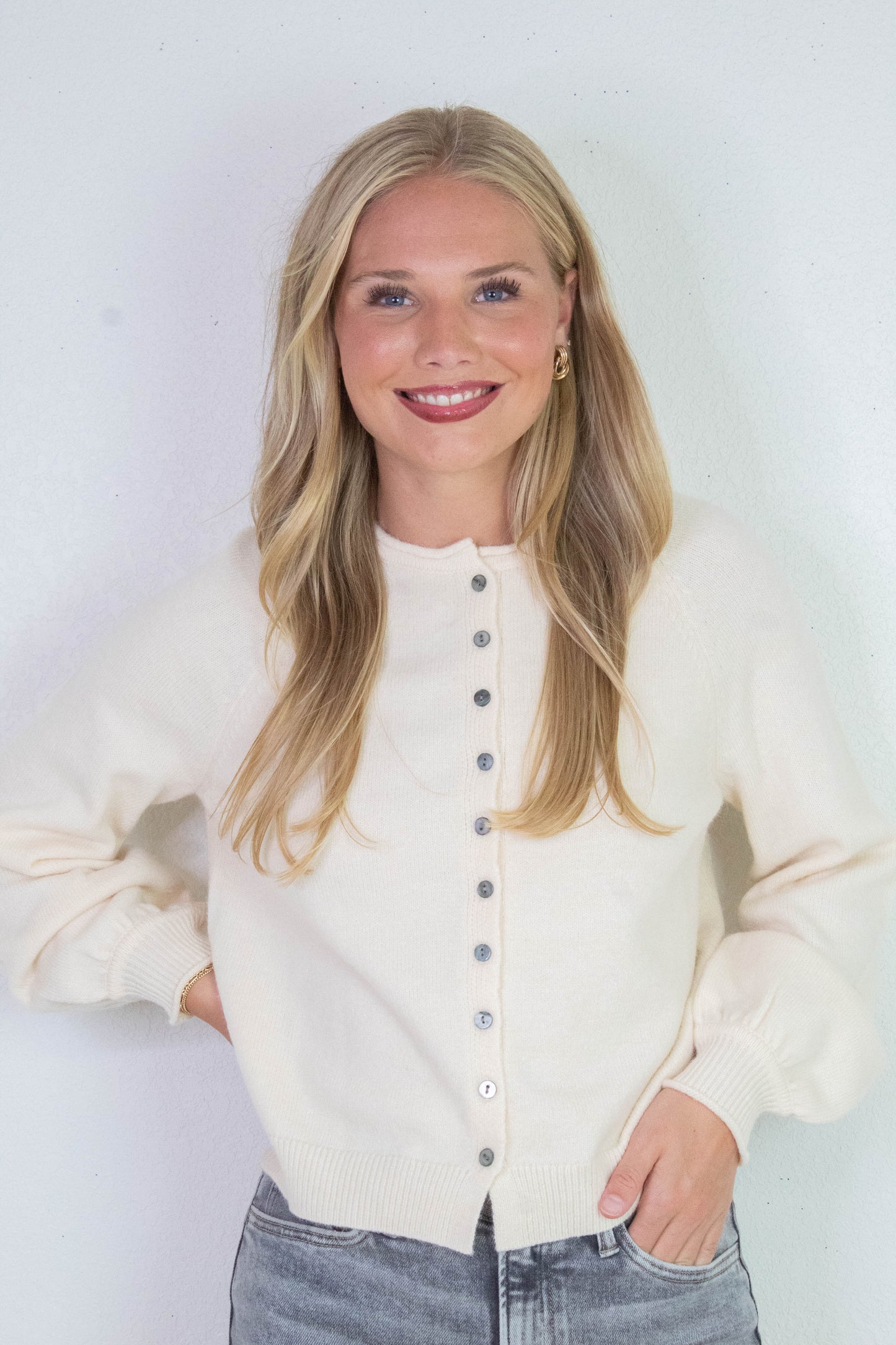  Juliette Rolled Edge Balloon Sleeve Cardigan, Cream