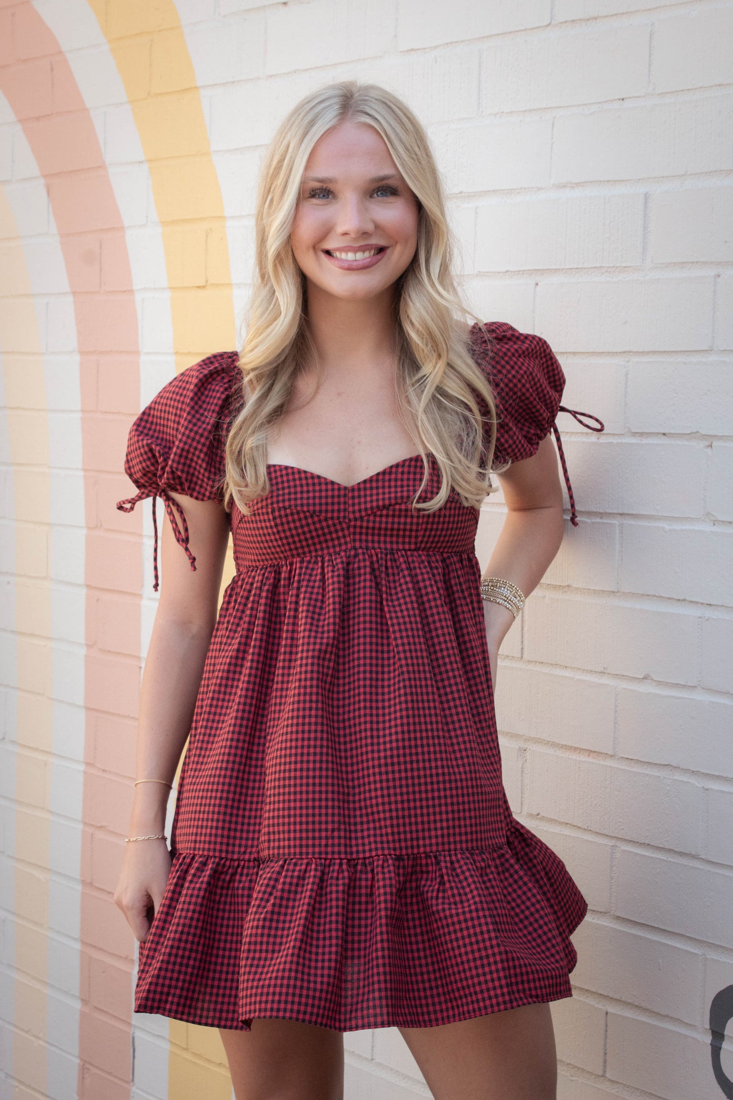  Francine Sweetheart Neck Checkered Dress, Black Red