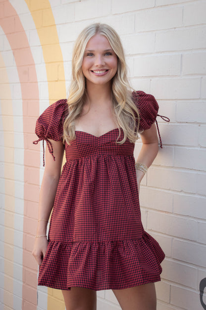  Francine Sweetheart Neck Checkered Dress, Black Red