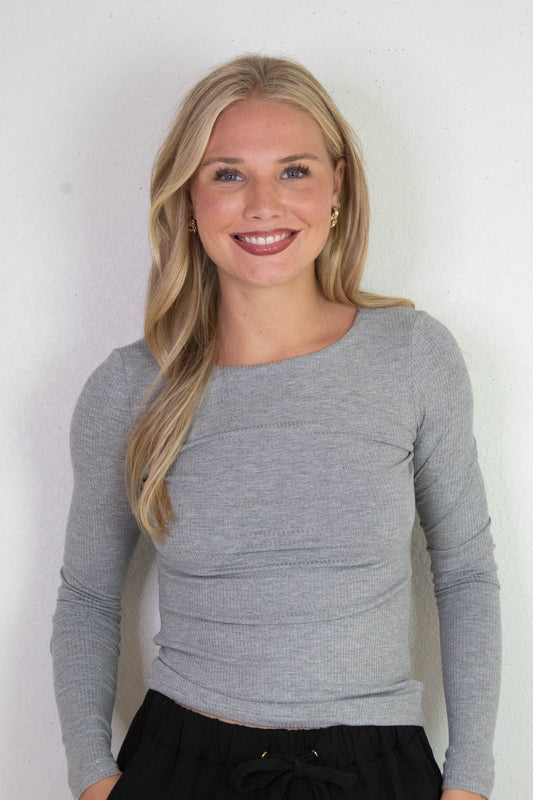 Elowyn Double Layer Rib Knit Tee, Heather Grey