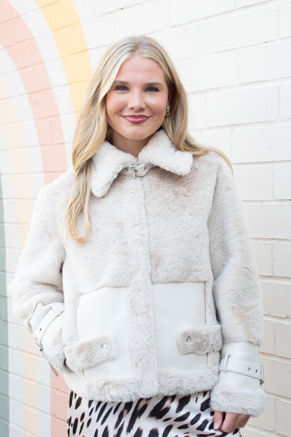  Mink Faux Fur Vegan Leather Jacket, Oat | RD Style