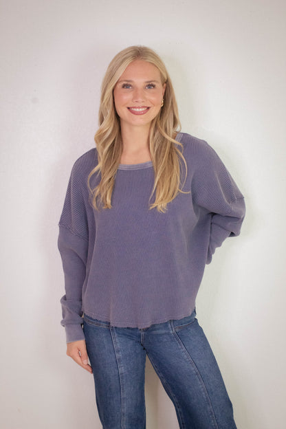  Marlowe Boat Neck Raw Edge Top, Dusty Indigo