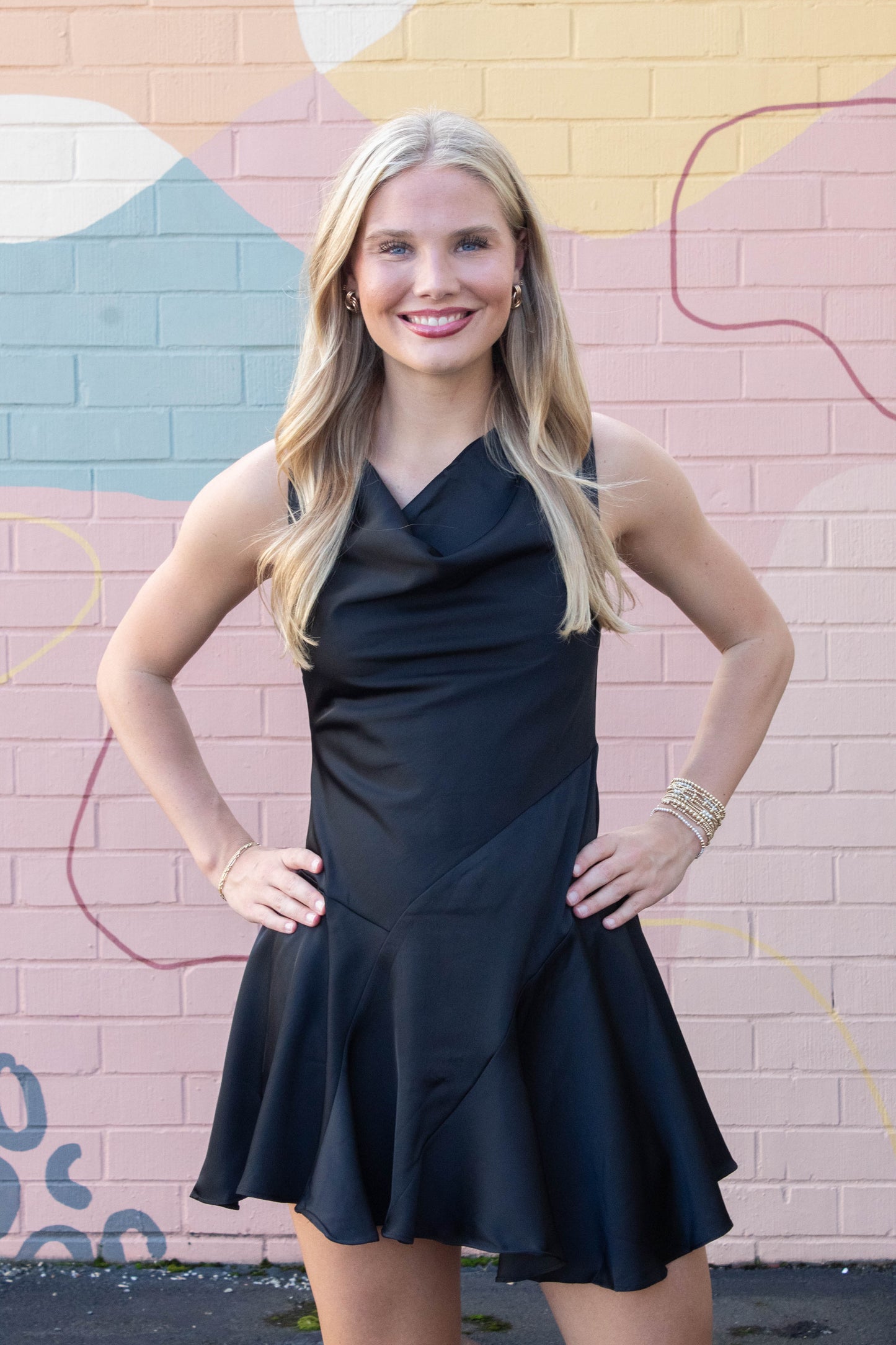  Mackenzie Cowl Neck Satin Dress, Black