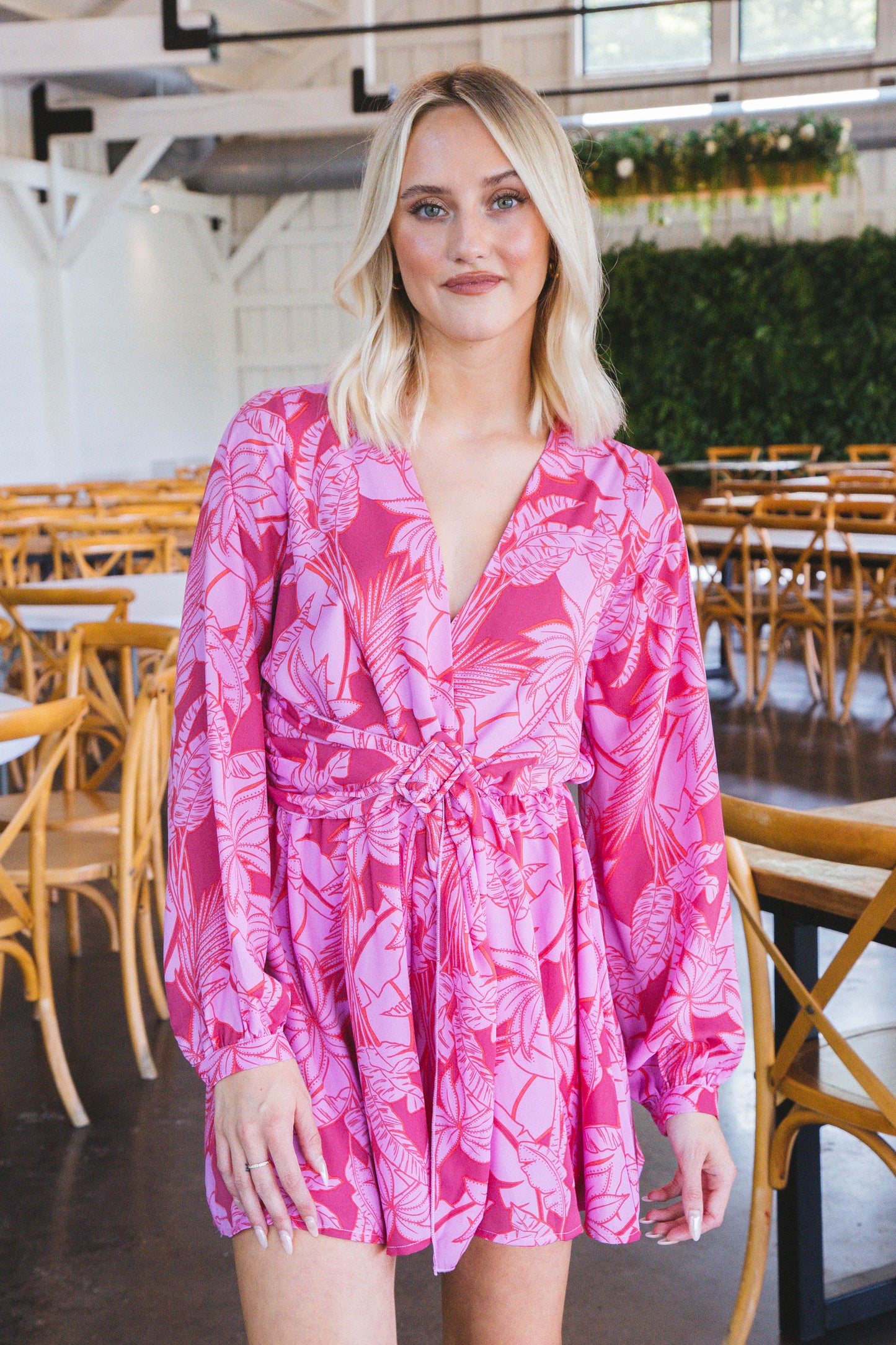  Eva Tropical Print Belted Romper, Pink/Red