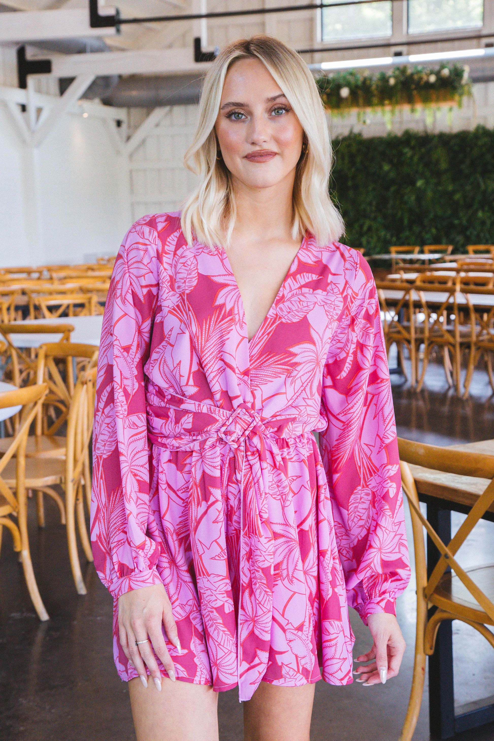  Eva Tropical Print Belted Romper, Pink/Red