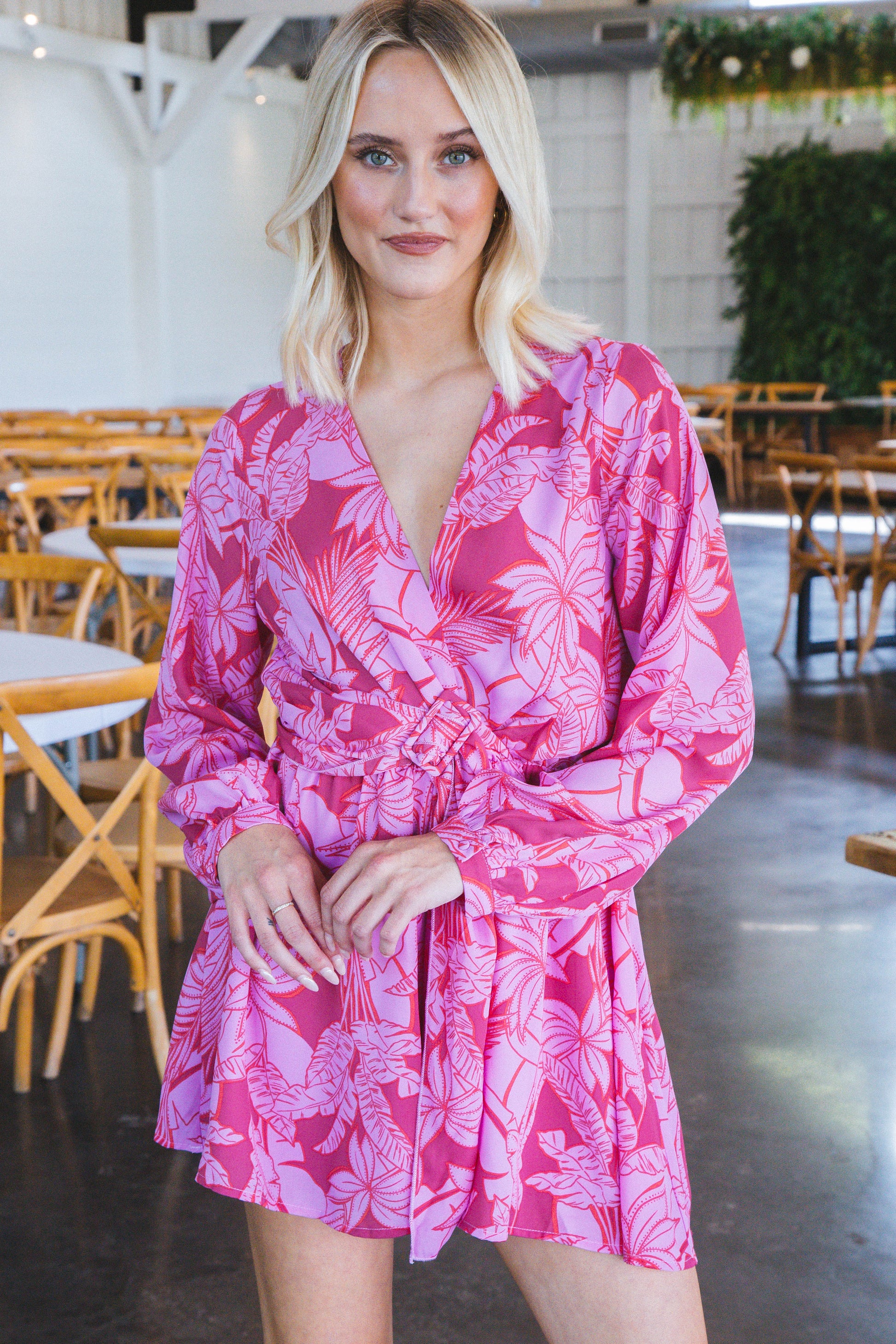  Eva Tropical Print Belted Romper, Pink/Red