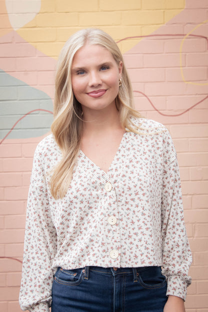  Savannah Floral Print Rib Knit Cardigan, Brown Multi