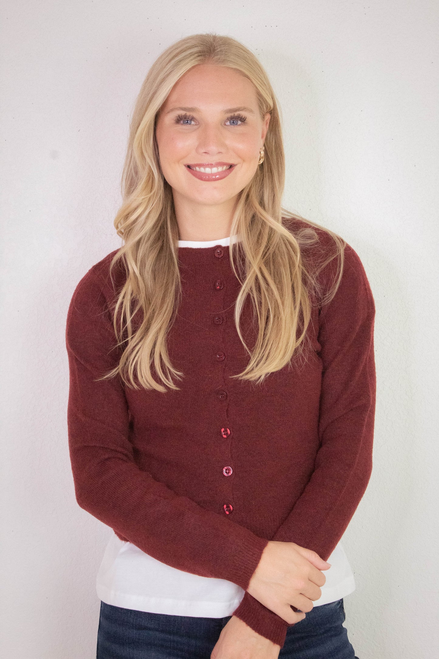  Nia Button Down Cardigan, Burgundy