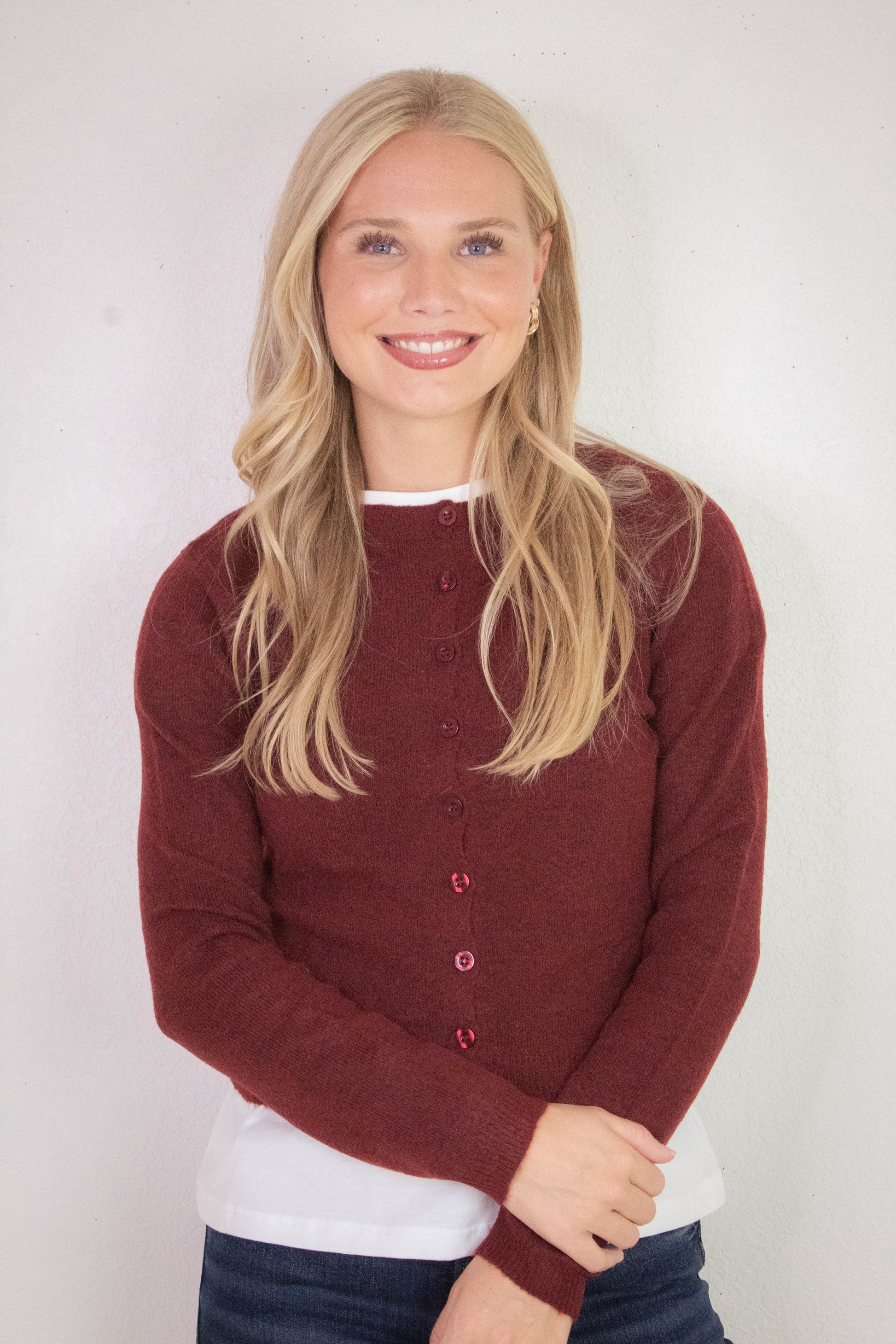  Nia Button Down Cardigan, Burgundy