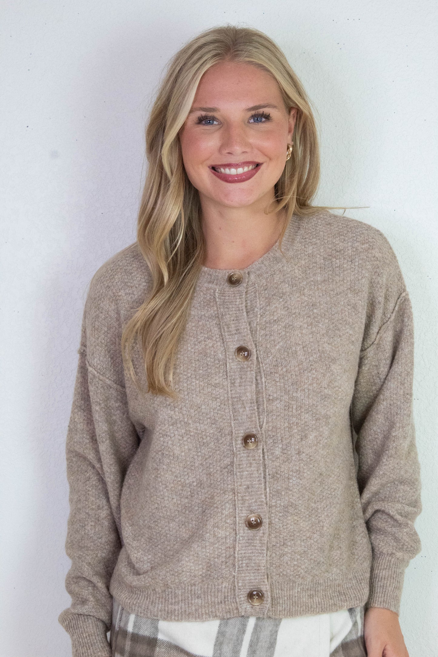  Aria Rib Trim Round Neck Cardigan, Khaki