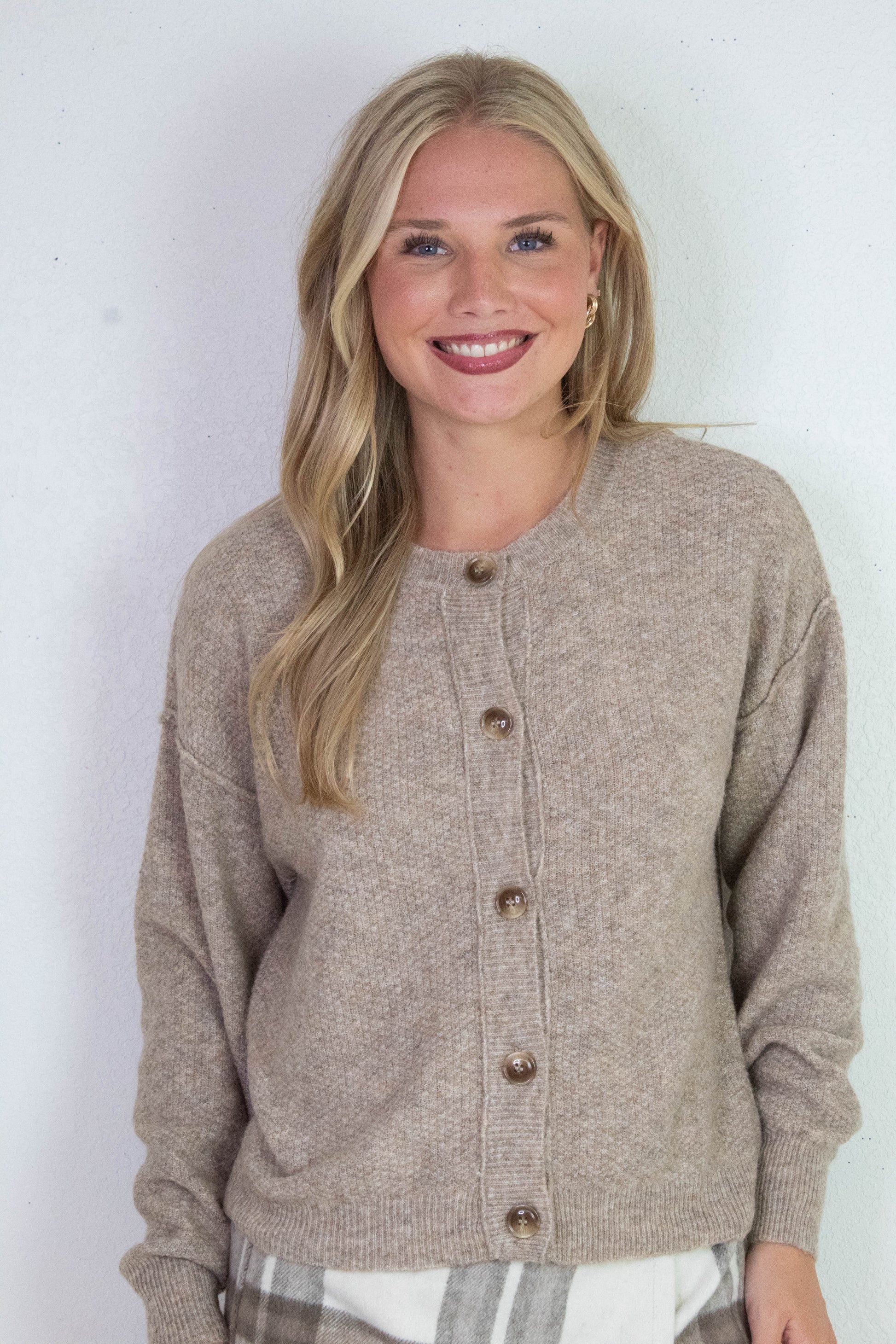  Aria Rib Trim Round Neck Cardigan, Khaki