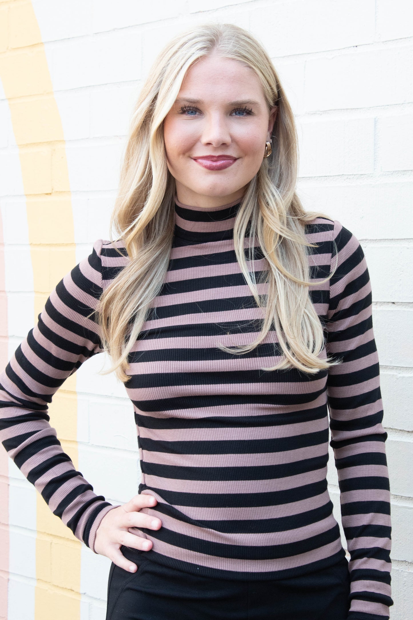  Mock Neck Essential Top, Mocha/Black Stripe | Sanctuary