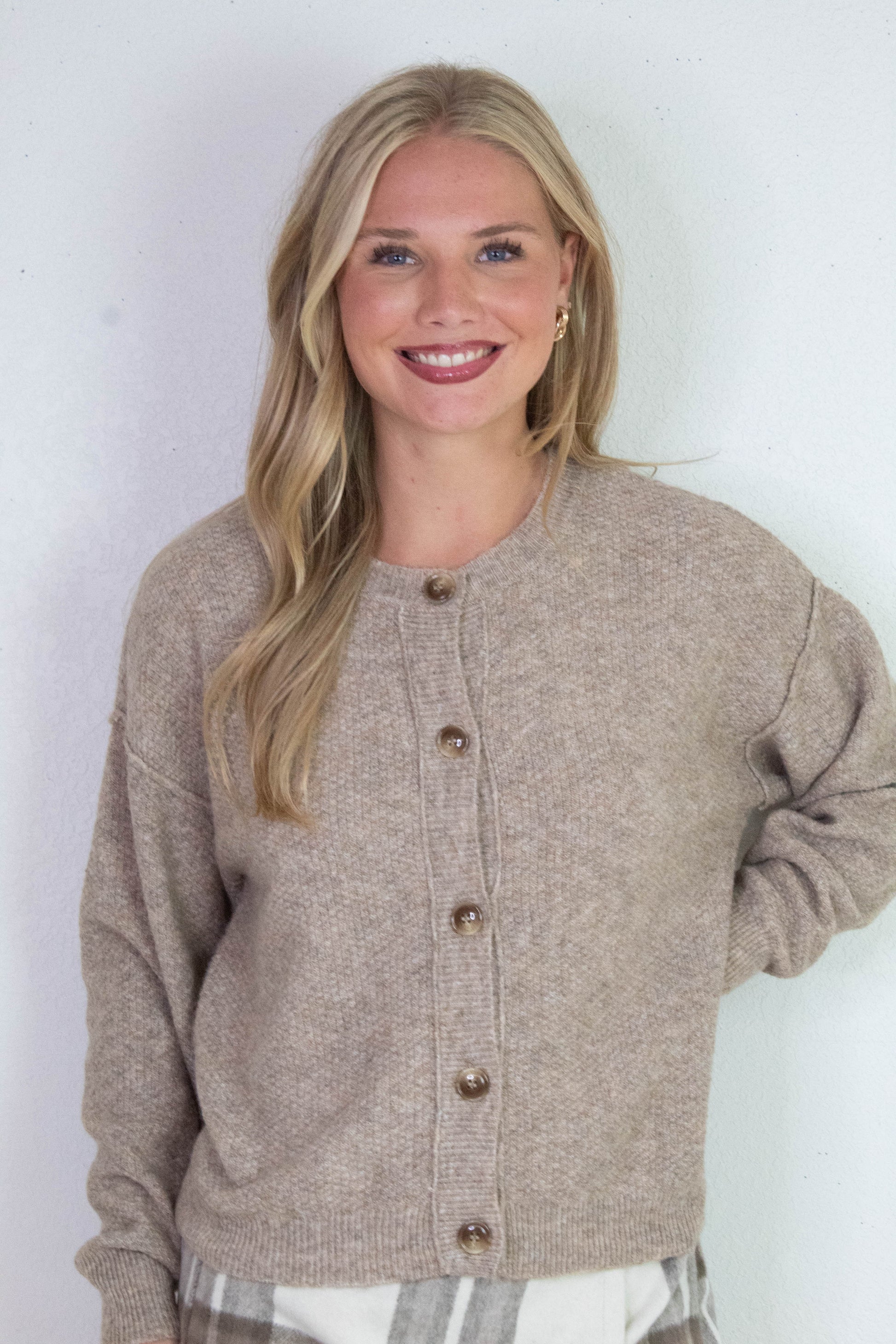  Aria Rib Trim Round Neck Cardigan, Khaki