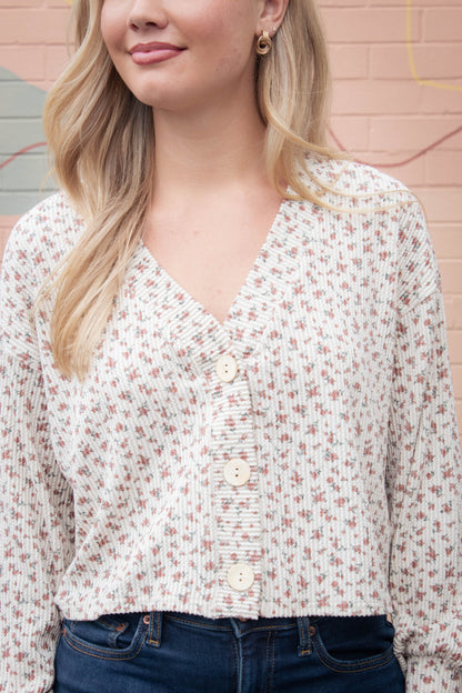  Savannah Floral Print Rib Knit Cardigan, Brown Multi