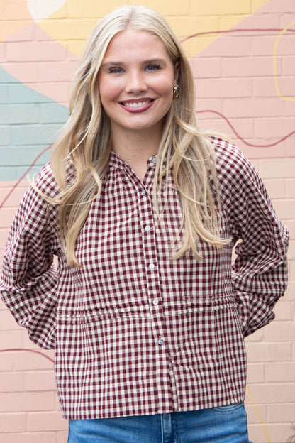  Emilia Checkered Shirt, Burgundy Taupe