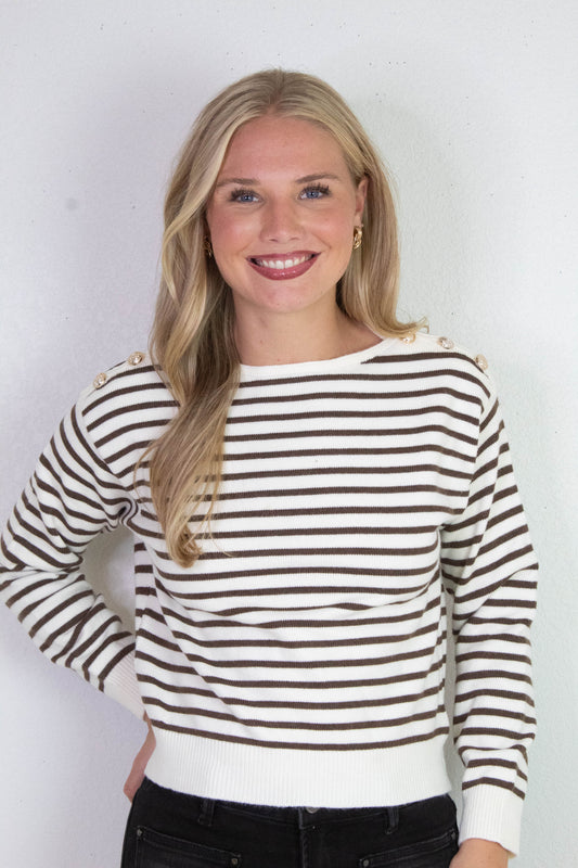  Eloise Buttoned Shoulder Sweater, Cream/Brown