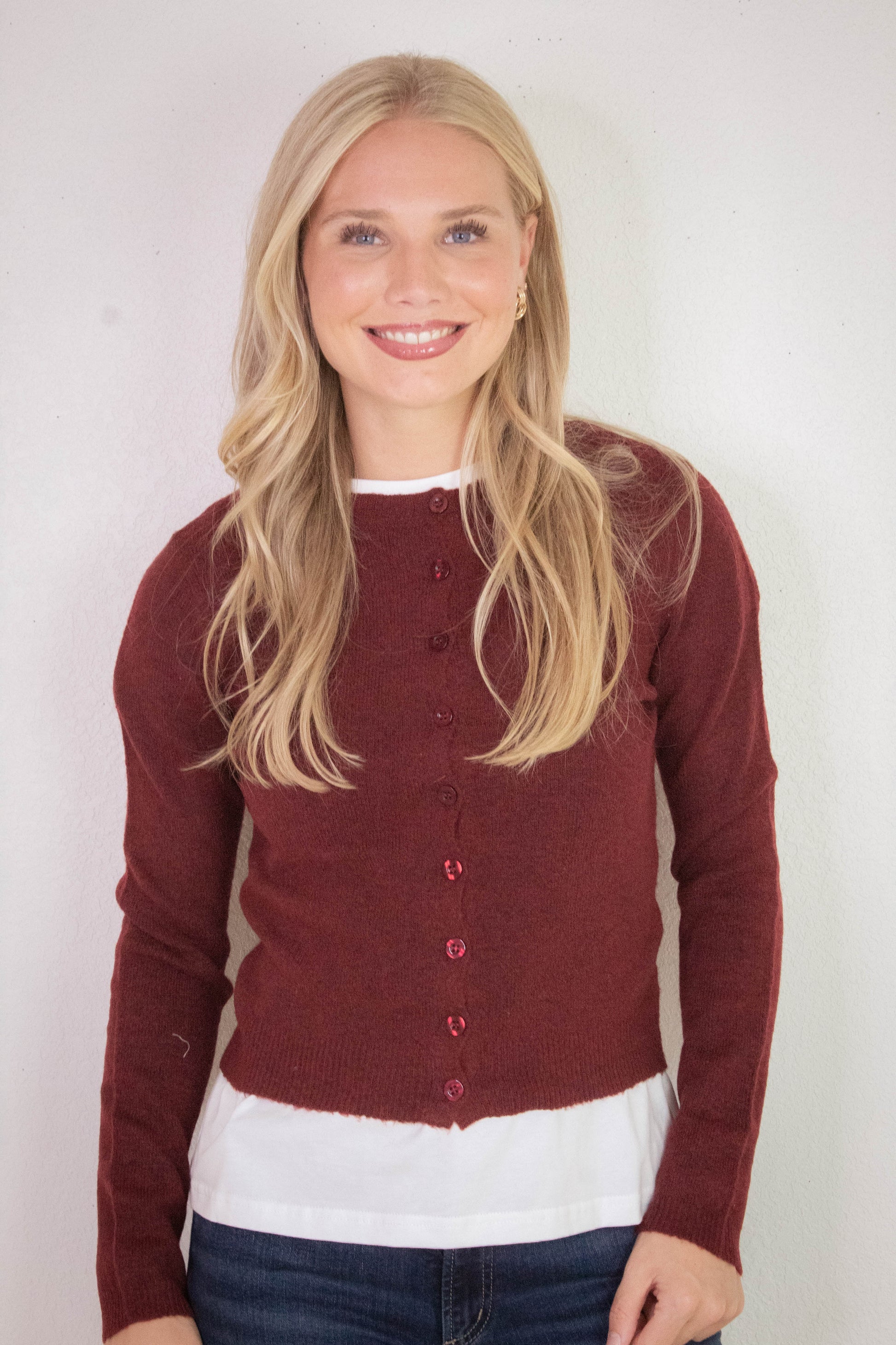  Nia Button Down Cardigan, Burgundy