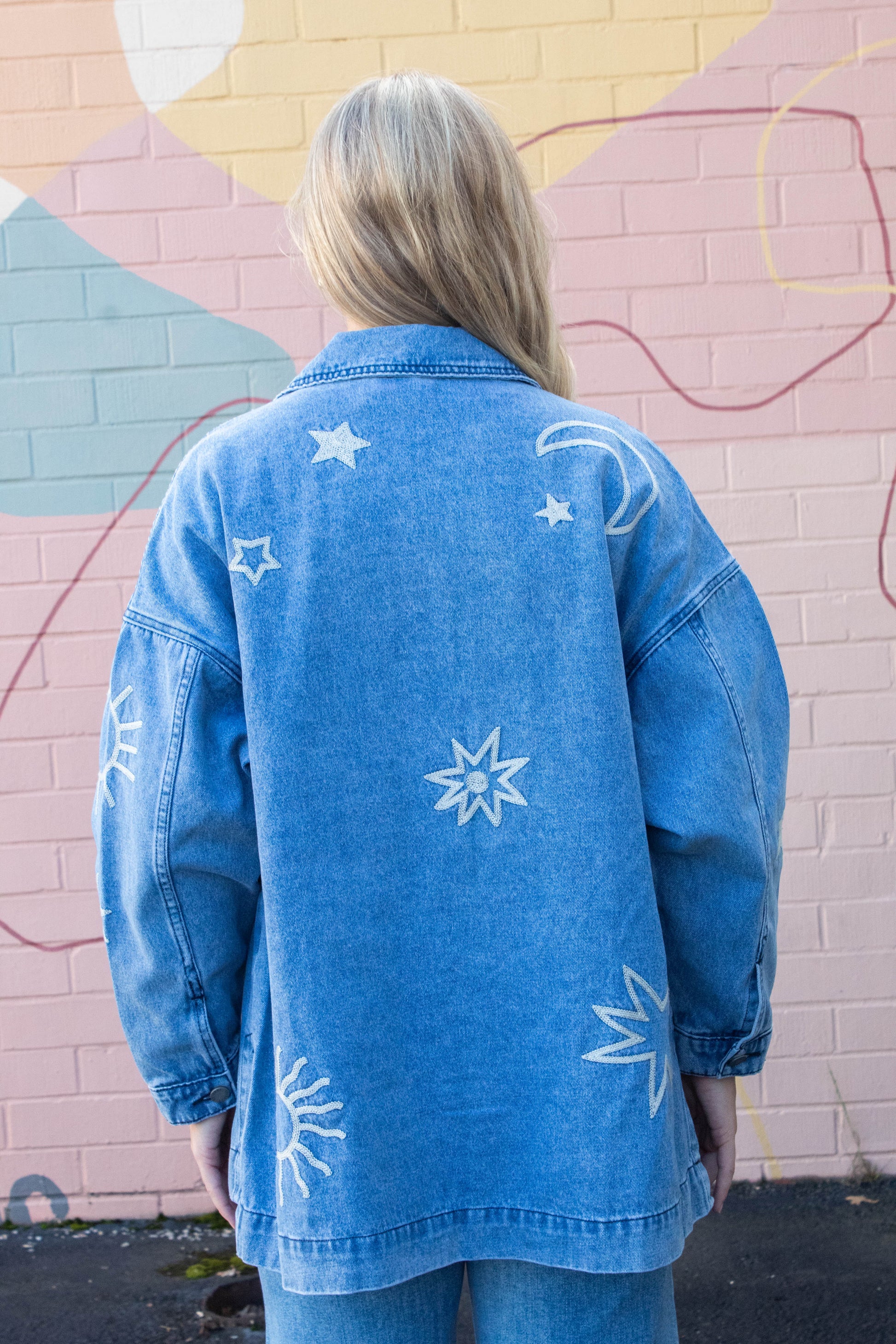  Ashley Embroidered Denim Jacket, Medium Wash