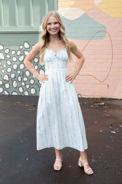  Ariah Floral Striped Midi Dress, White/Blue Floral