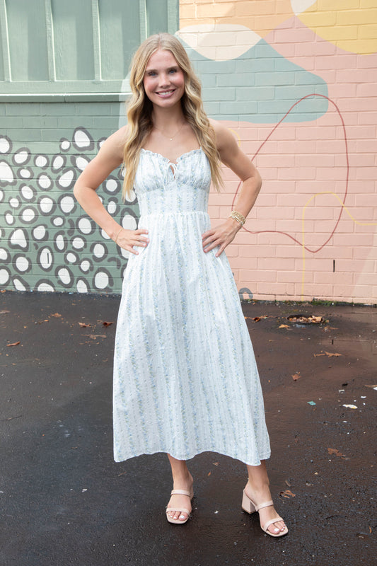  Ariah Floral Striped Midi Dress, White/Blue Floral