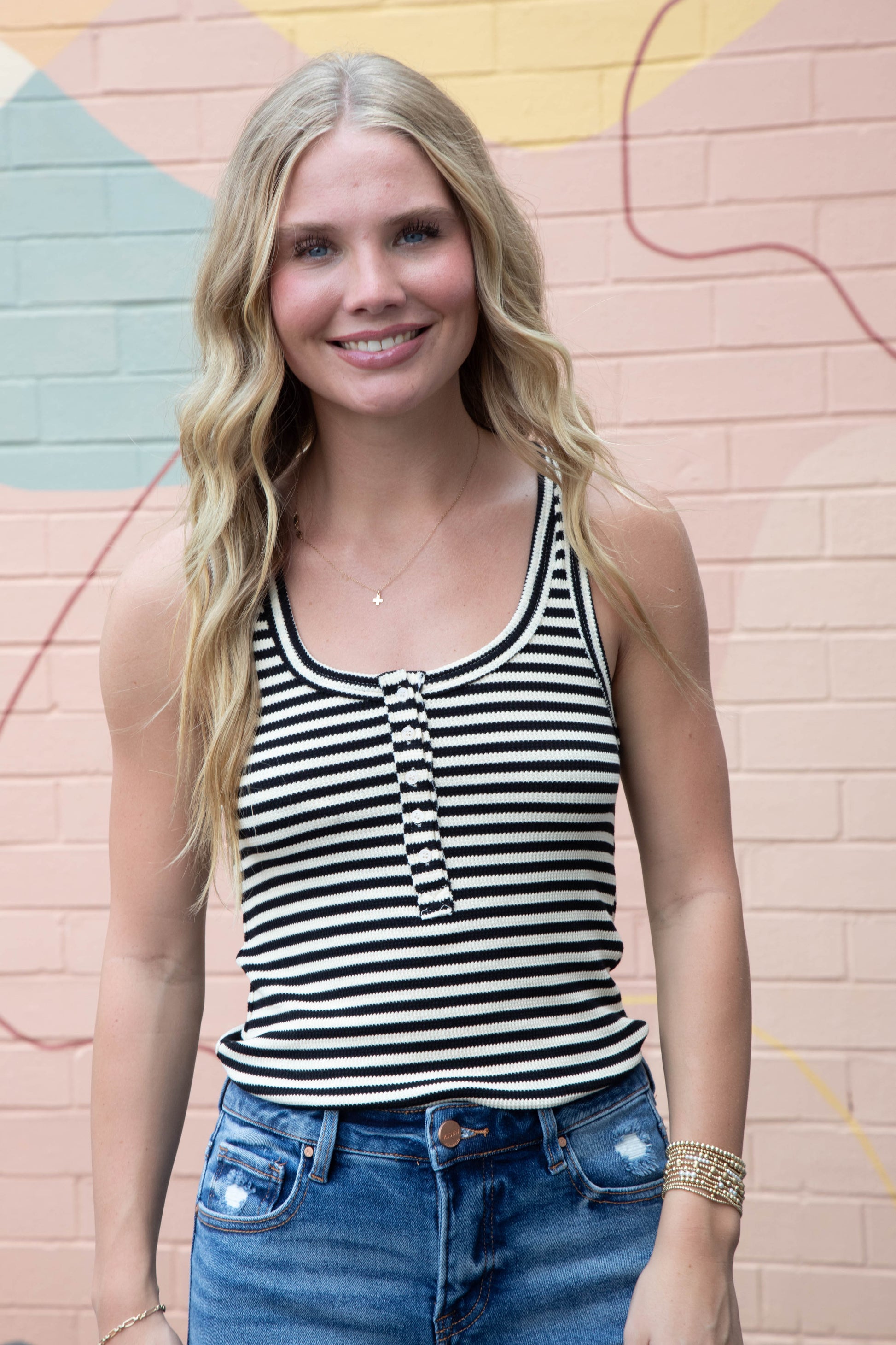  Mikayla Striped Scoop Neck Tank, Black Stripe
