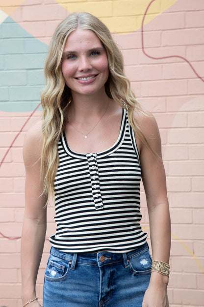  Mikayla Striped Scoop Neck Tank, Black Stripe