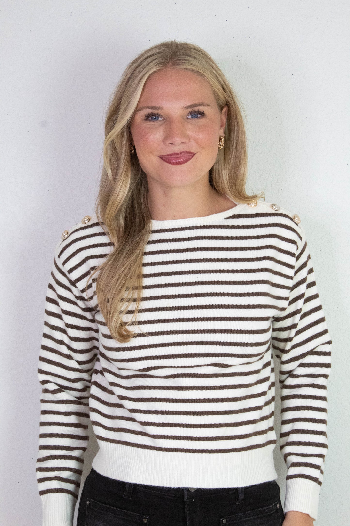  Eloise Buttoned Shoulder Sweater, Cream/Brown