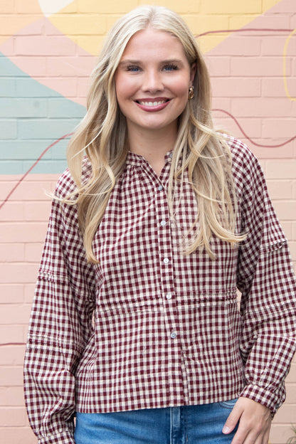  Emilia Checkered Shirt, Burgundy Taupe