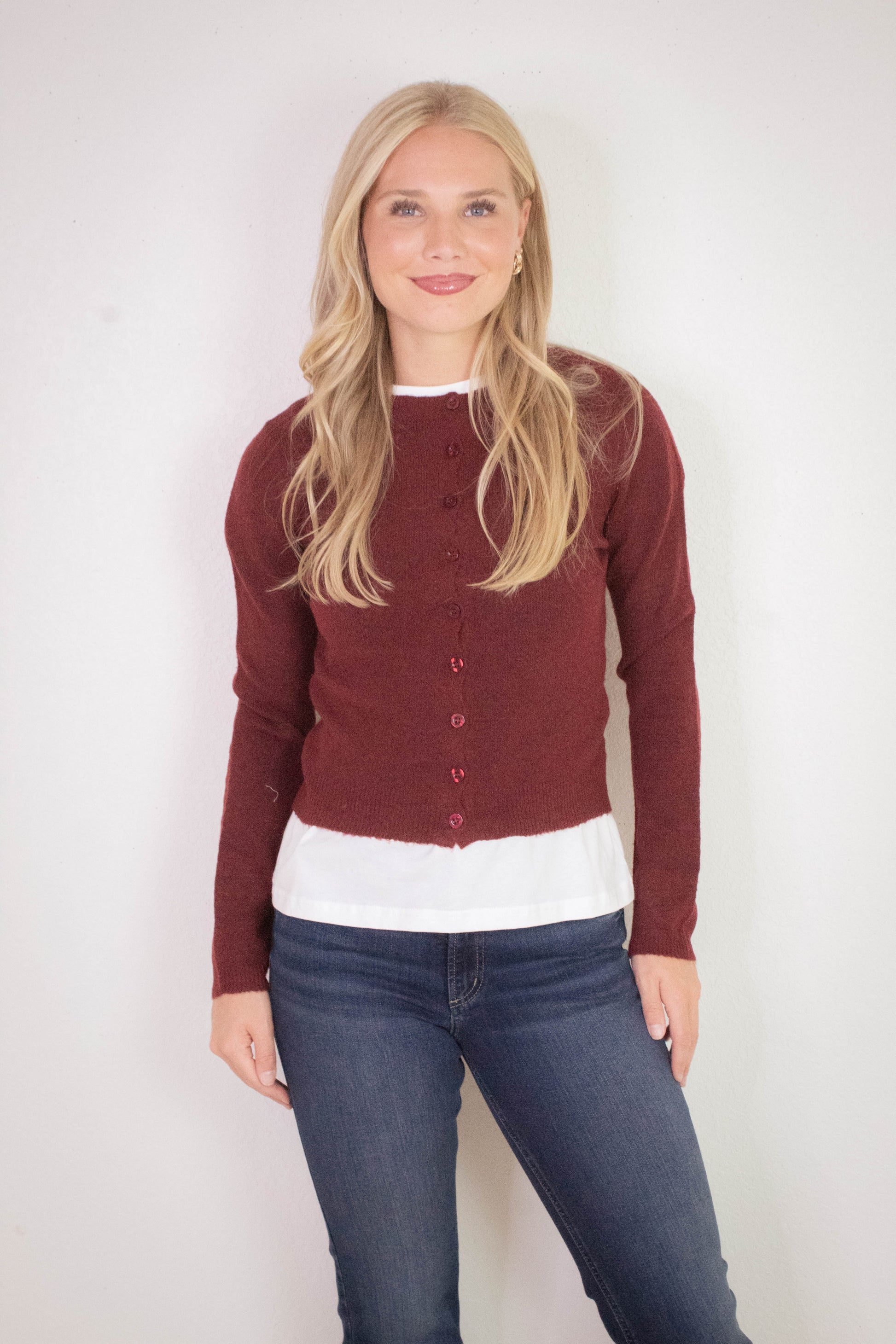  Nia Button Down Cardigan, Burgundy